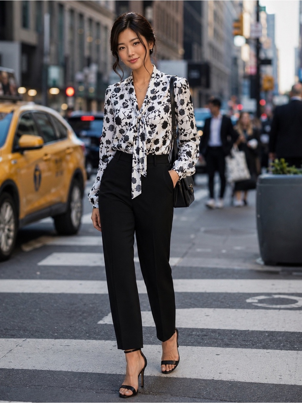 The Limited Black and White Floral Tie-Neck Blouse